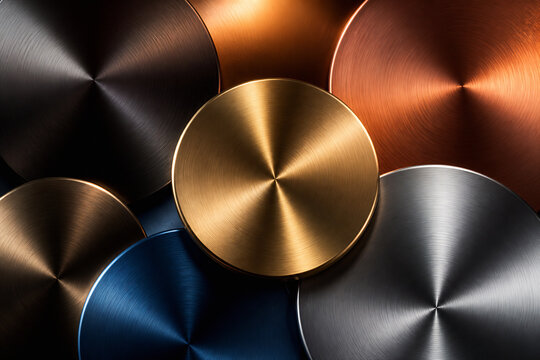 A collection of overlapping, polished metal discs in various colors and finishes against a dark background.