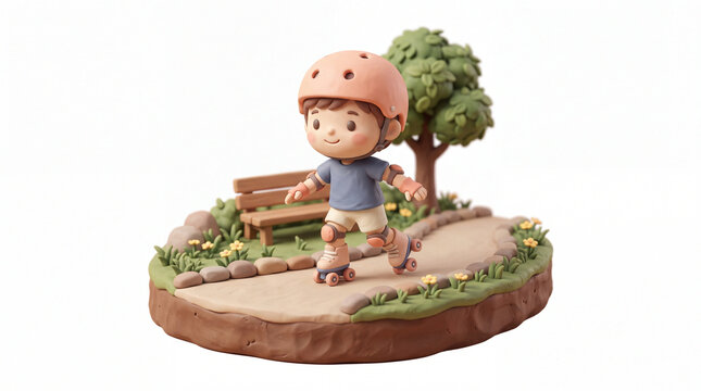 3D Claymation Chibi Child Learning to Roller Skate in Park Diorama