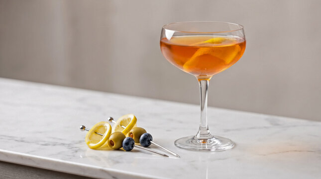 Amber Classic Coupe Cocktail with Garnished Cocktail Skewers and Lemon Twist for Upscale Drink Menus, Bar Website Photography, Artisanal Beverage Styling, and Mixology Inspiration
