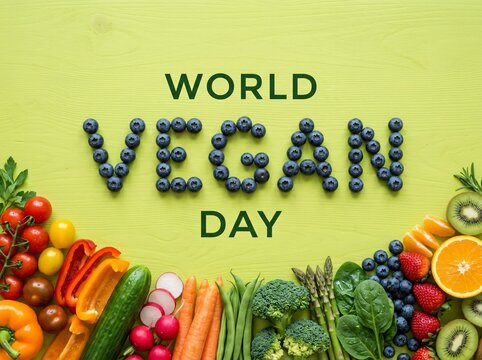 World vegan day text made from blueberries with fresh vegetables borders
