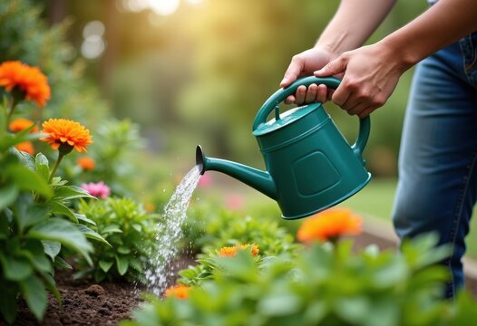 Person Watering Bright Orange Flowers with Green Garden Kettle in Garden