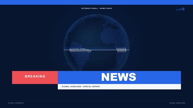 A 10-second 4K breaking news opener in the cobalt ribbon visual style, with a rotating geographic dotted Earth, horizontal scan, orbital accents and animated headline typography.