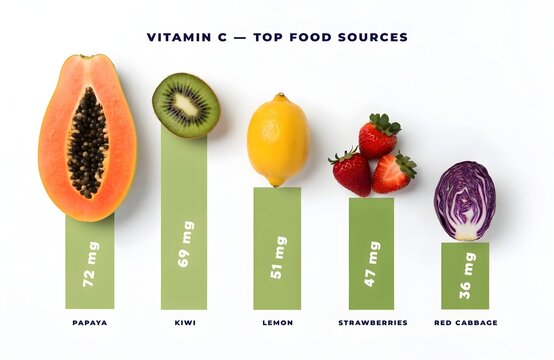 Infographic chart showing top food sources of vitamin c with fresh fruits and vegetables