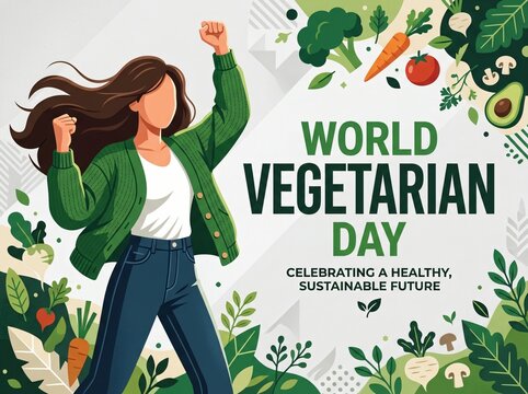 Illustration for world vegetarian day with healthy vegetables and happy woman