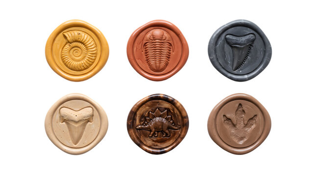 Set of six wax seals featuring prehistoric fossils including ammonite, trilobite, shark tooth, and dinosaur footprint isolated on transparent background