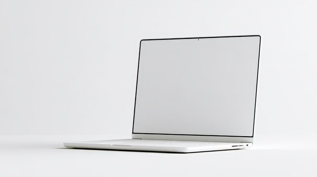 Professional mockup shot: blank-screen laptop on pure white surface, crisp focus