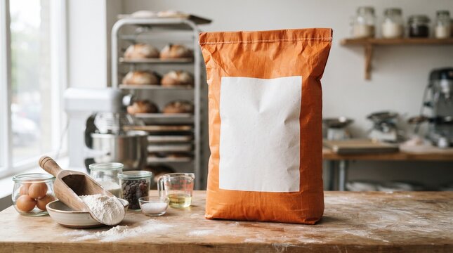 Rustic flour bag with wooden scoop on wooden table in professional bakery kitchen with blurred racks
