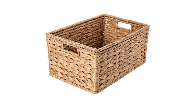 Rectangular empty woven wicker storage basket bin isolated on transparent background