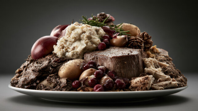 Festive plate piled with meat mashed potatoes cranberries onions and leftovers symbolizing christmas food waste and overconsumption