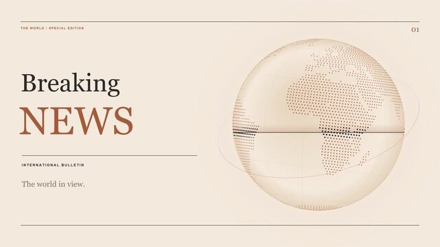 A 10-second 4K breaking news opener in the copper edition visual style, with a rotating geographic dotted Earth, horizontal scan, orbital accents and animated headline typography.