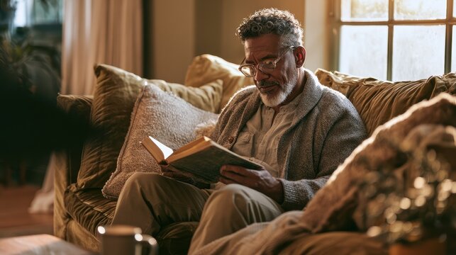 Quiet at-home reading session featuring an elderly Black man on a sofa