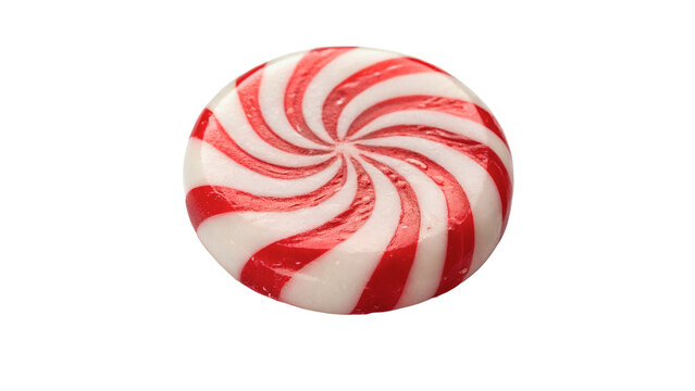 Round swirl red and white striped peppermint candy isolated on transparent background