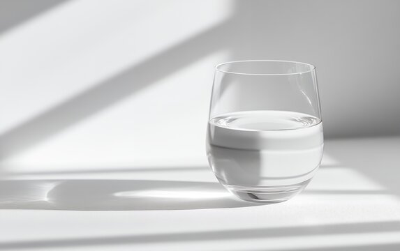 A half-filled glass of water on a white surface with dramatic window shadow patterns, creating a minimalist and serene composition