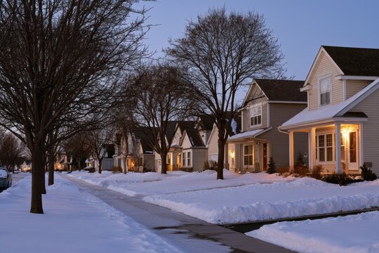 Quiet Minnesota Suburban Street with Snow-Covered Homes at Dusk