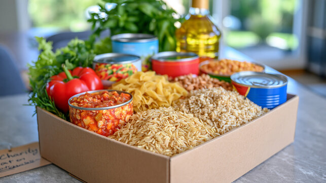 Top view of a generous food donation box filled with colorful nonperishable products including canned vegetables, pasta, rice, cereal, beans and cooking oil, arranged naturally on a clean table, sma