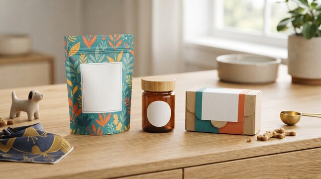 Pet supplement packaging mockup with organic floral pouch amber glass jar and cardboard box on table