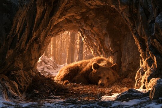Quiet winter den scene: brown bear at rest with warm light in natural cave interior