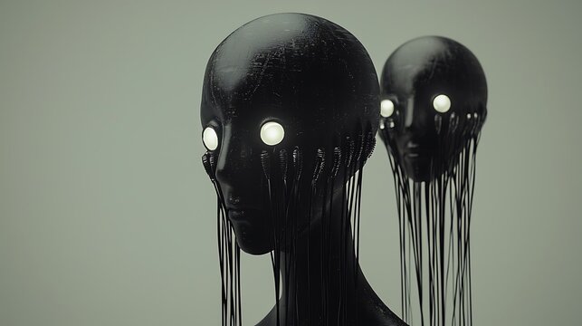 Surreal black humanoid figures with glowing eyes and trailing liquid fibers.
