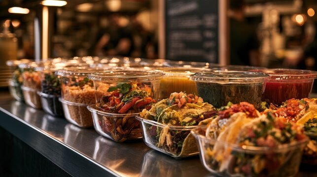 Ready-to-Go Mexican Meals in Plastic Lidded Containers on a Kitchen Counter
