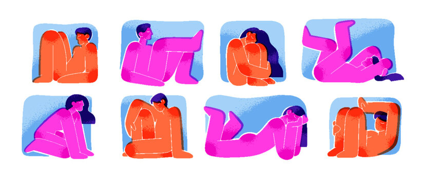 Abstract silhouettes of naked people in different poses in frames set. Characters with nude bodies are in sitting and lying postures in boxes. Flat isolated vector illustrations on white background