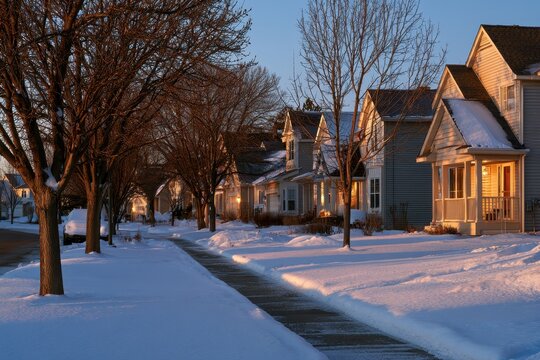 Residential Front Yards and Pitched Roof Homes in a Snowy Suburban Scene