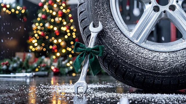 A wrench with a ribbon and a car tire with a Christmas tree. Auto mechanic New Year greetings from the car service, auto repair shop