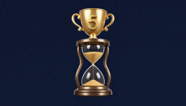Golden trophy with number five atop hourglass symbolizing achievement and time pressure on dark background
