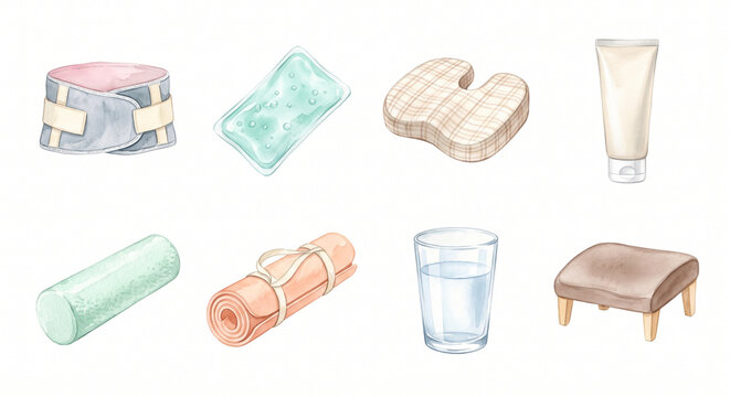 椎間板ヘルニアと腰のケア用品 アイコンセット 水彩