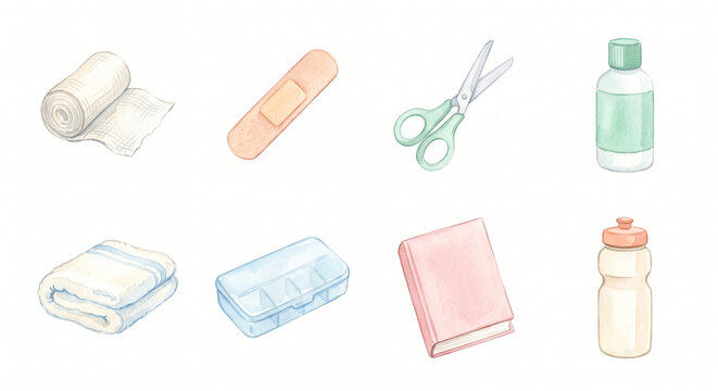 術後の回復と抜糸までの備え アイコンセット 水彩