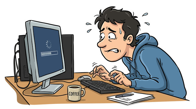 Frustrated young man struggling with computer technology issues.