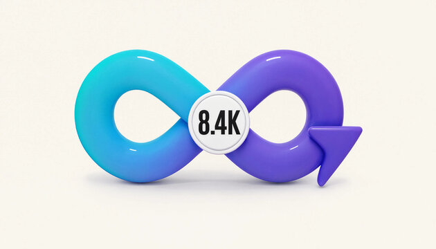 Infinity loop with arrow and 8.4k label representing continuous growth or recurring process concept
