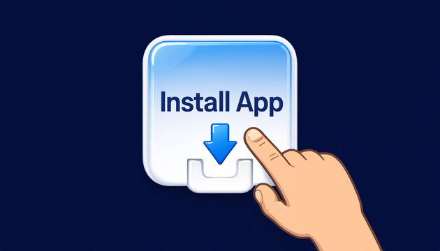 Hand tapping install app button with download arrow on dark background representing digital download concept