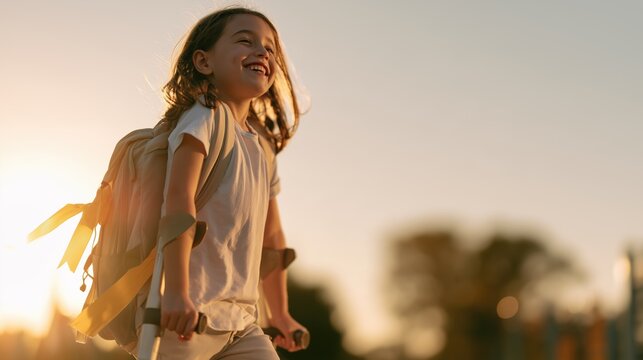 National Spina Bifida Awareness Month: a smiling 7-year-old girl with forearm crutches walking across a sunny playground on the left third of the frame, yellow ribbon tied to her backpack