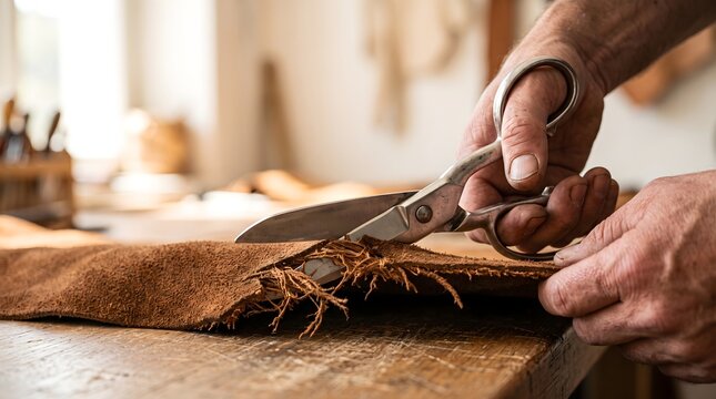 Craftsman hands using sharp metal scissors to cut a piece of thick brown leather on a rustic wooden workbench for traditional artisan craft and handmade quality concept