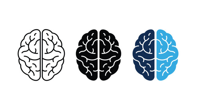 Multiple human brain vector icons featuring line art solid black and blue color styles