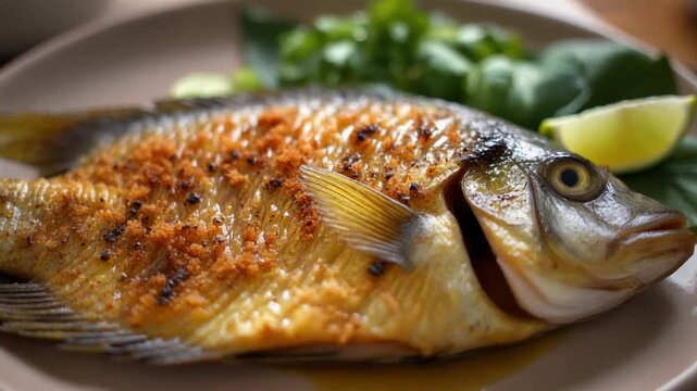 Golden grilled tilapia Brazilian style, fish plated beautifully on ceramic dish, completely static, soft natural daylight