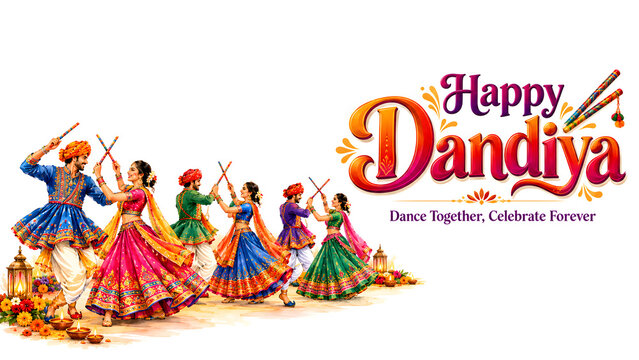 Happy dandiya festival couple dance and celebration background.