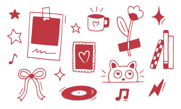 Zine aesthetic red doodles indie analog culture punk aesthetic naive style drawing clipart png elements. Vintage 90s nostalgic lo fi vibes cute decor object raw sketches scrapbooking sticker pack.