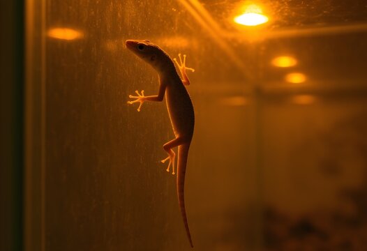 A gecko clinging to a terrarium glass wall, warm terrarium light