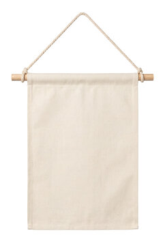 Blank canvas hanging banner mockup with wooden dowel and rope