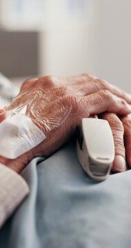 Medical, old person or hands with pulse oximeter, heart rate track or oxygen level in hospital. Space, tech or senior patient with monitoring, respiratory assessment or SpO2 vital sign in healthcare.