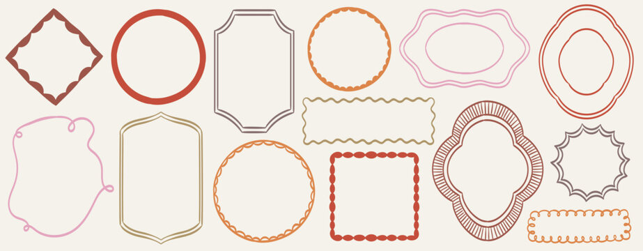 Doodle frames set. Hand drawn geometric colorful border collection. Minimal square, oval, round, arch and rectangle shapes. Elegant retro empty banner, poster, placard decor for Christmas or birthday.