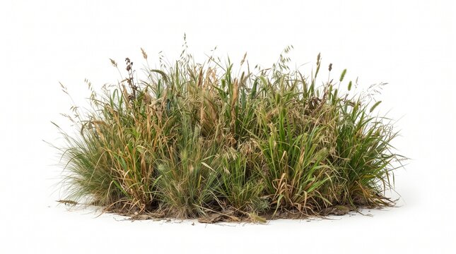 Panoramic view of a wild prairie grass clump, isolated on white background for architectural visualization and landscaping