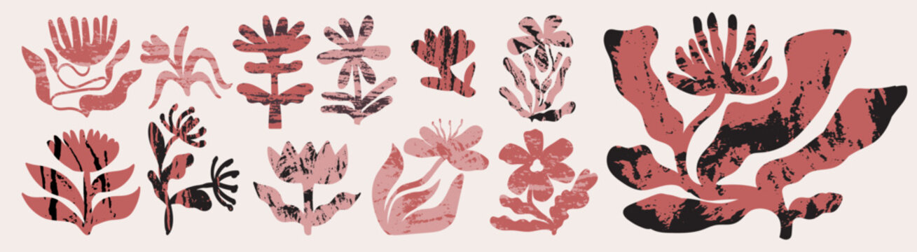 Textured cut out flower shadow wall art set. Silhouette ethnic style floral plants elements for poster, placard or tshirt print. Abstract organic hand drawn trendy flowers isolated vector illustration