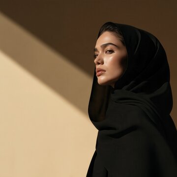 side-profile portrait of a Muslim woman wearing a flowing black hijab against a warm textured beige background