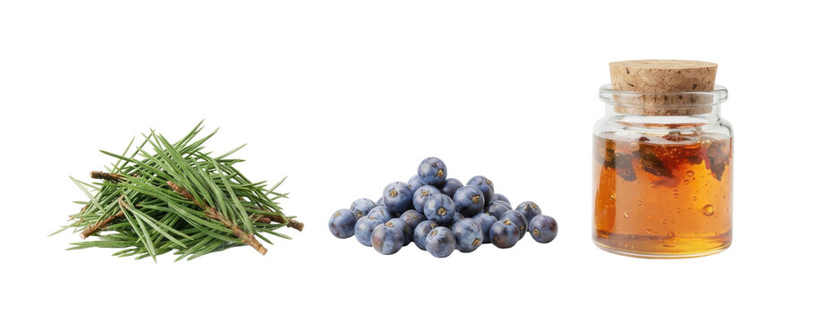 Fresh green pine needles beside blue juniper berries and a corked glass jar of amber liquid isolated on transparent background
