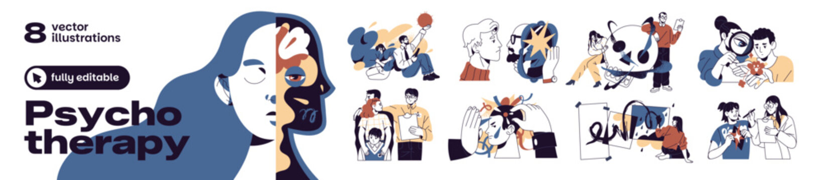 Concept set of psychotherapy and psychological problems. Psychology and therapy for people with mental disorders. Psychiatric care for depression, anxiety. Flat isolated vector illustrations on white