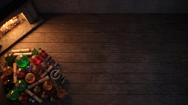 Magic potions and glowing alchemy flasks on a dark rustic wooden table with vast copy space for presentation background