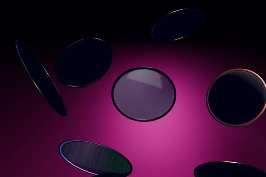 Hovering 3D glass discs around a magenta spotlight