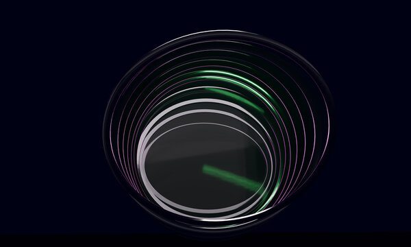 Concentric 3D glass rings forming a dark tunnel